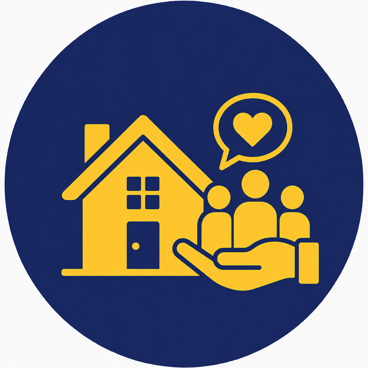 Icon of a yellow house with a group of people and a speech bubble containing a heart, all within a dark blue circle.