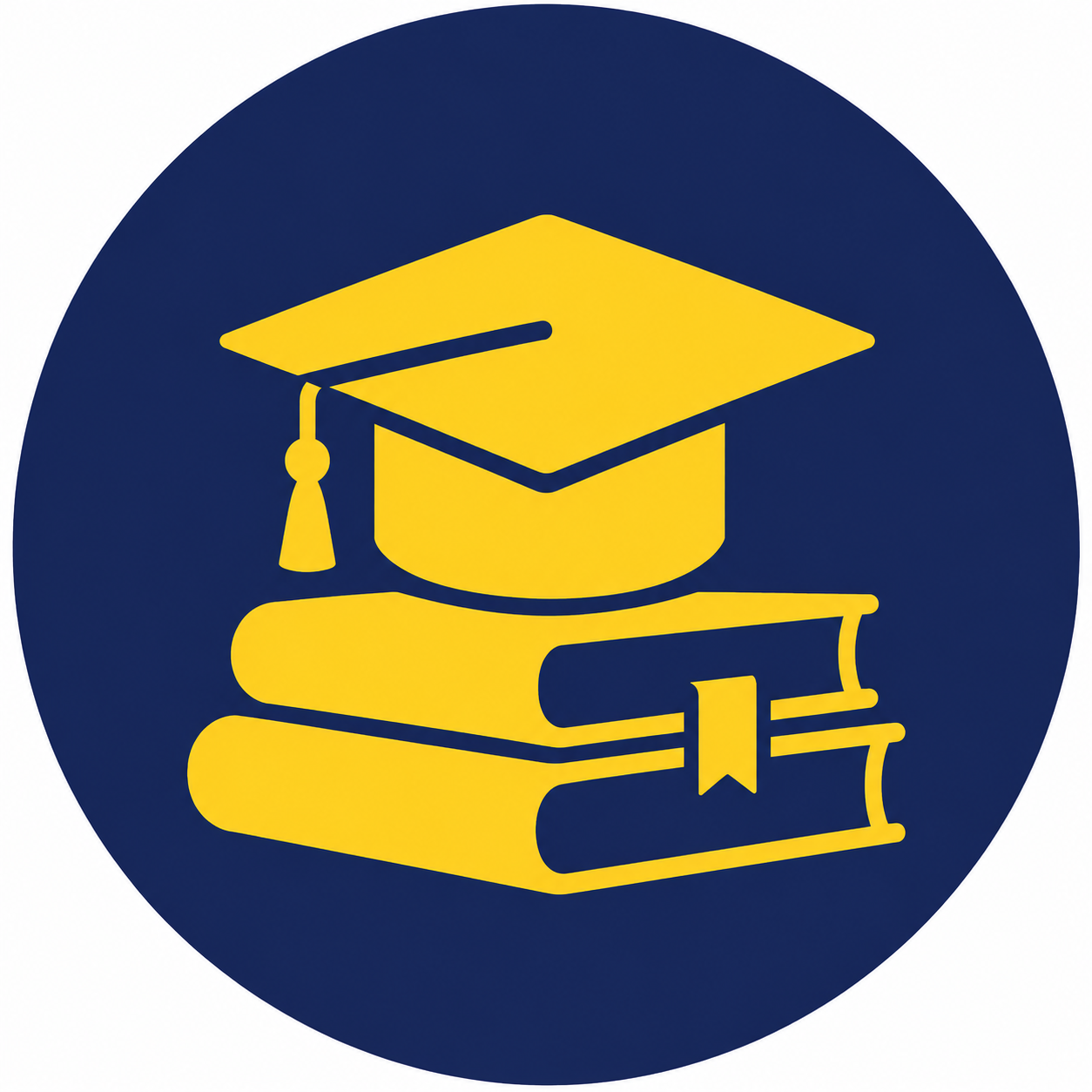 Icon of a graduation cap, a stack of two books, and a diploma, all in yellow on a dark blue circular background.
