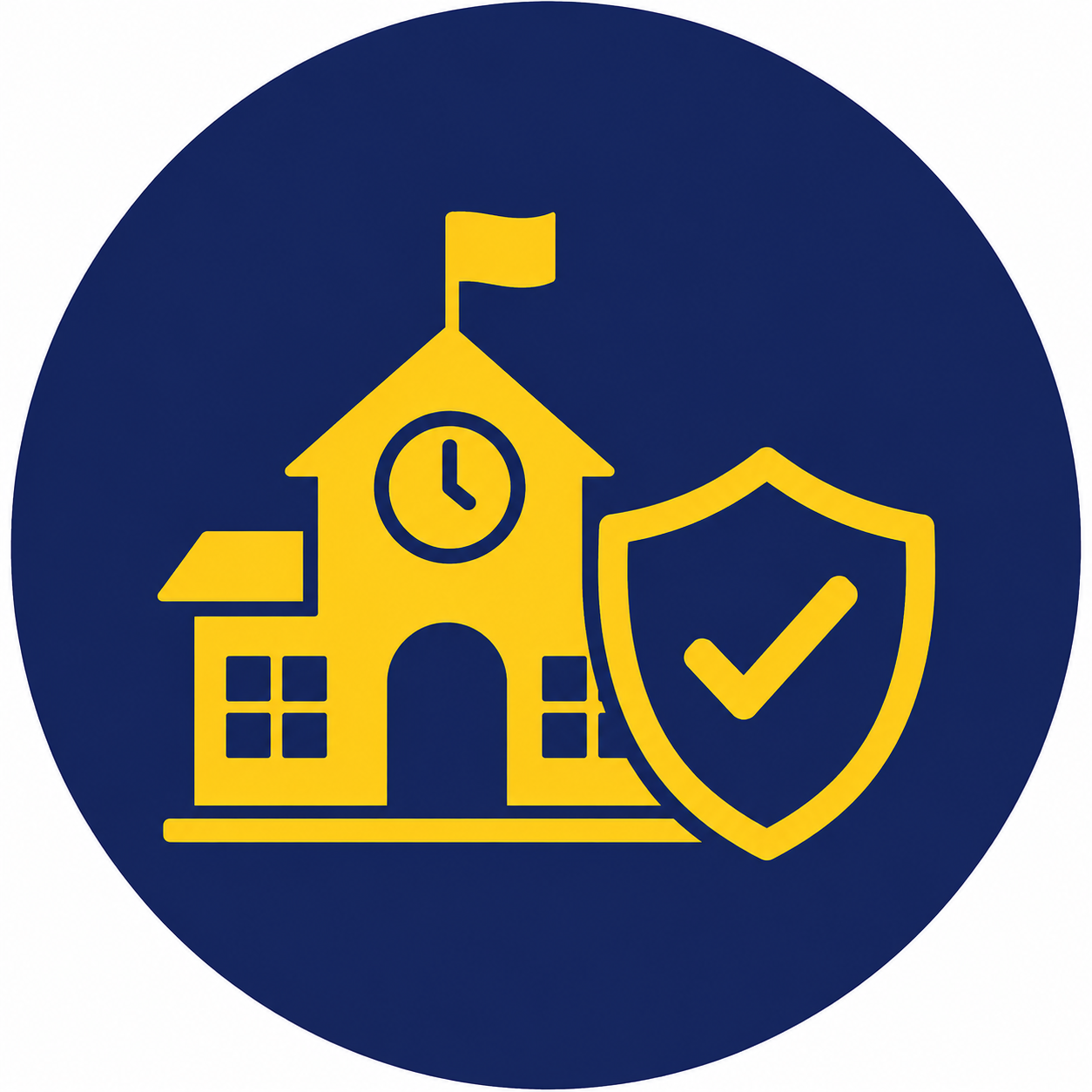 A shield with a check mark next to a school building with a clock, representing school security or safety.
