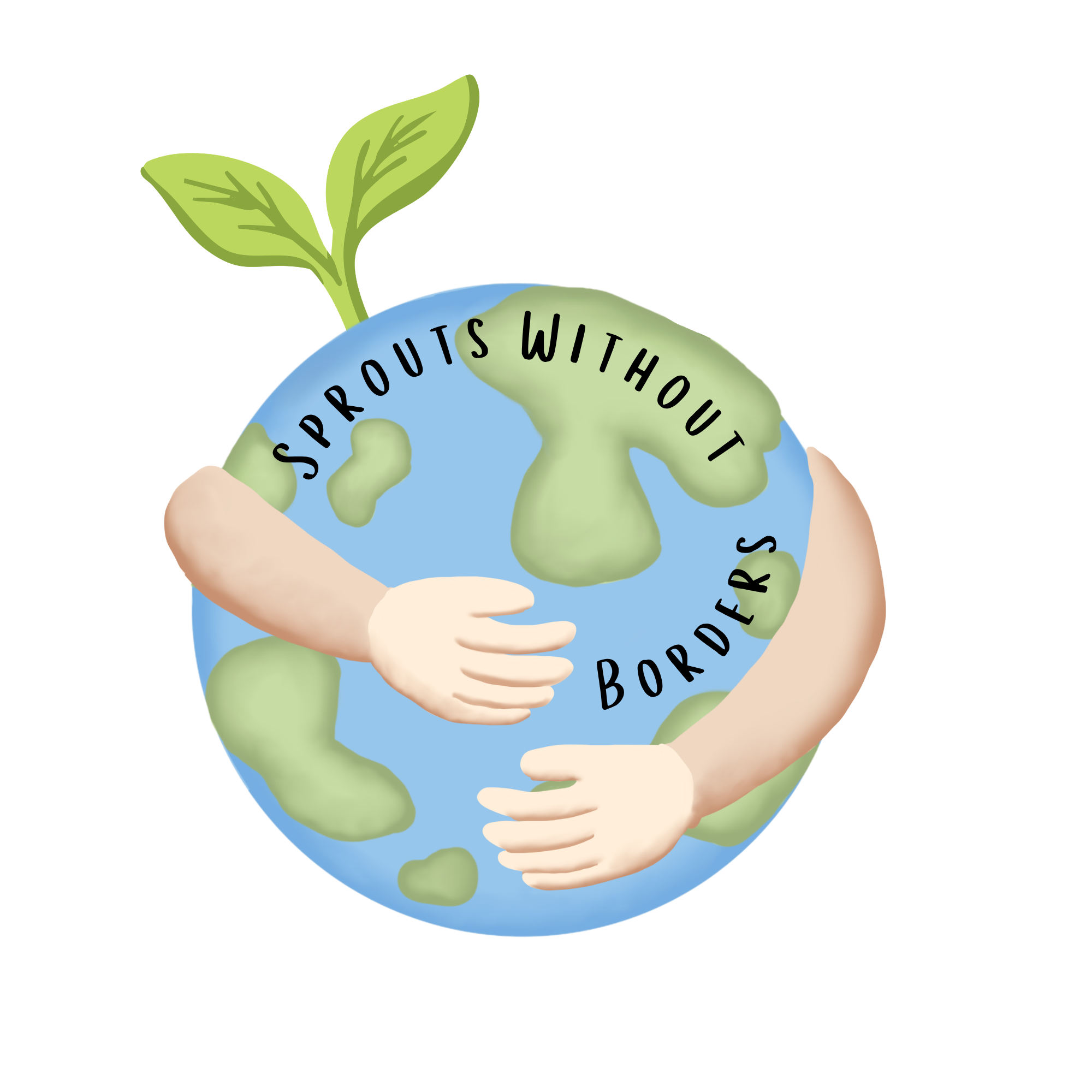 Illustration of the Earth being held by two hands, with a green sprout growing from the top of the planet. The phrase 'SPROUTS WITHOUT BORDERS' is curved around the globe.