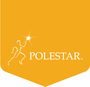 Polestar logo featuring a stylized running figure holding a star, on a yellow background.
