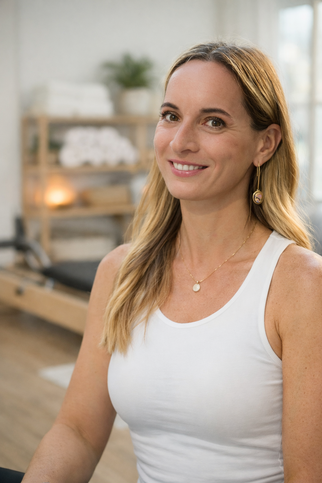 A woman with long, light brown hair and light skin, wearing a white tank top and gold jewelry, smiling in a wellness or fitness studio with a blurred background of shelves and fitness equipment.