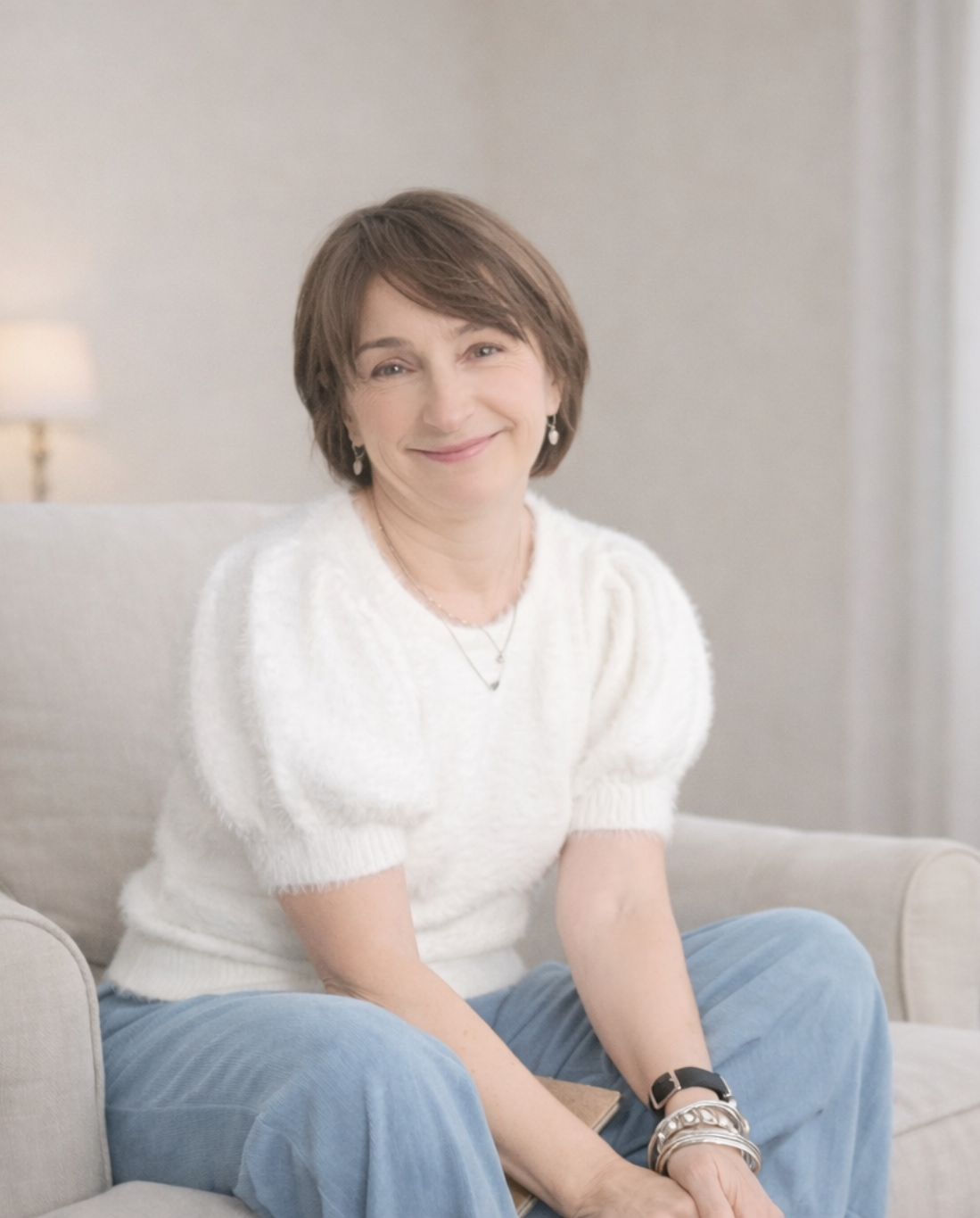 A woman with short brown hair, smiling, sitting on a light-colored sofa in a cozy, well-lit room with a neutral wall and lamp in the background, wearing a white sweater and light blue jeans.