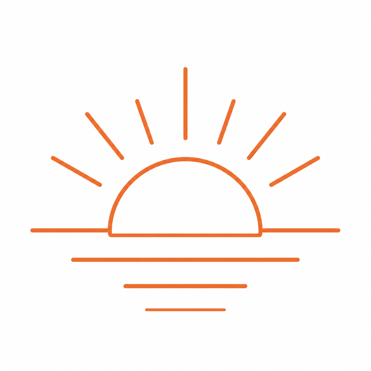 Minimalist orange line drawing of a sunrise with sun partially above the horizon and rays extending outward on a white background.