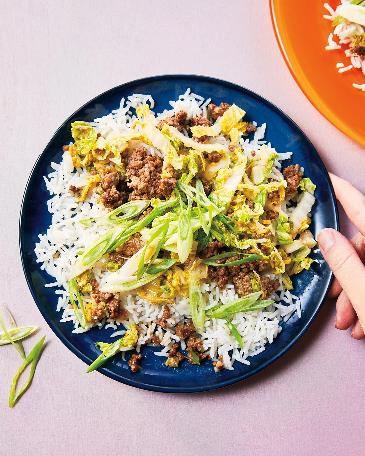 A bowl of cooked white rice topped with ground meat, chopped cabbage, and sliced green onions.