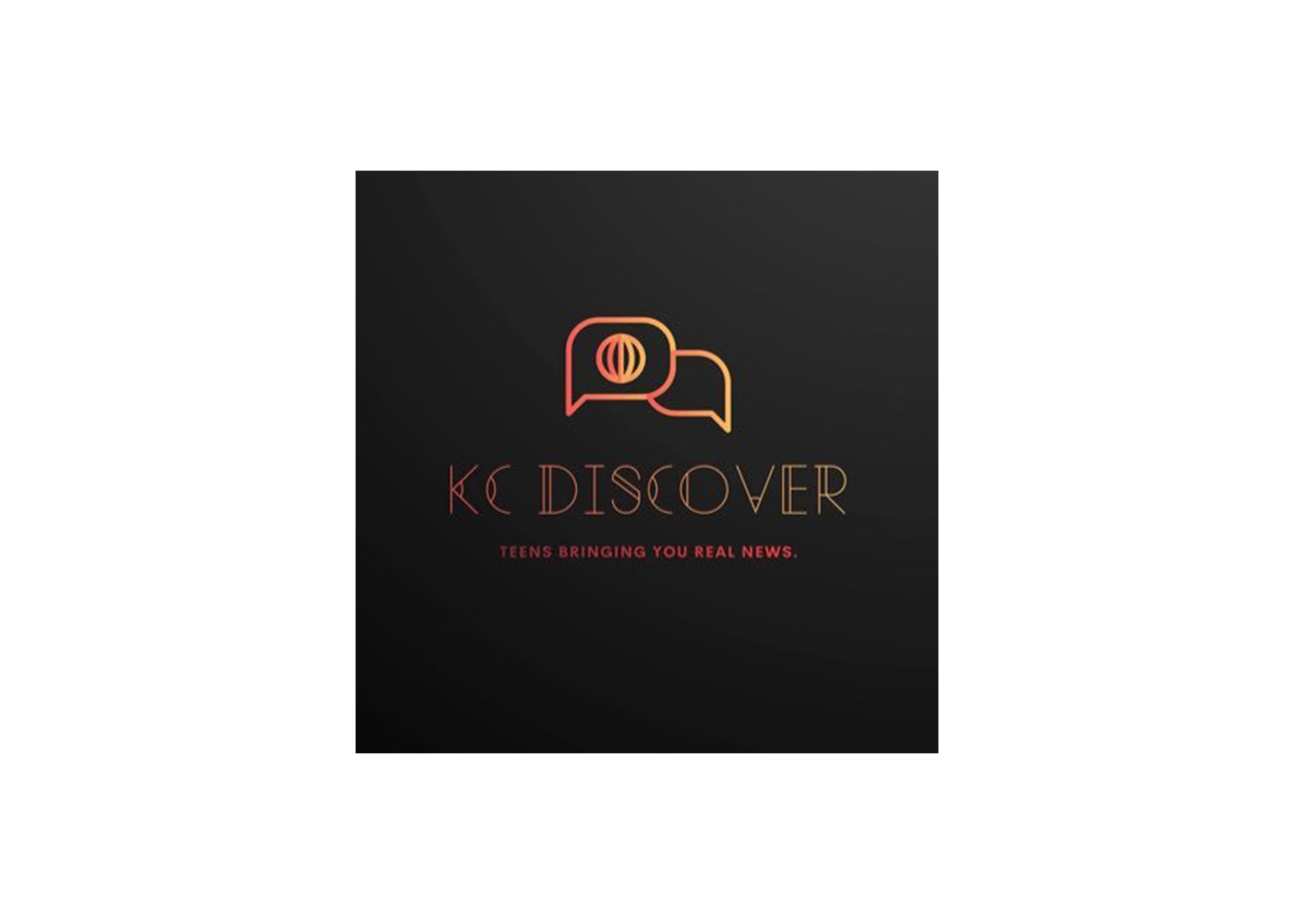 Logo for KC Discover with a stylized speech bubble and globe icon, red and orange gradient text, and tagline 'Teens bringing you real news' on a black background.