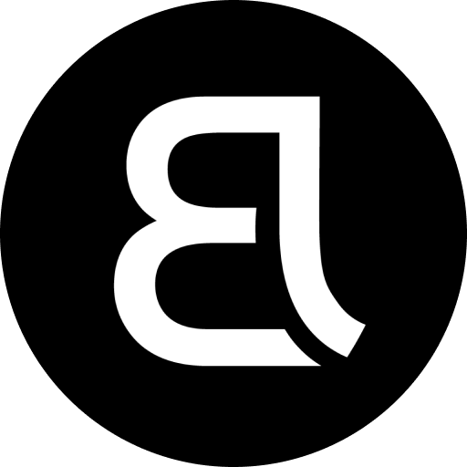 A stylized black and white logo with the letter 'B' on a black background.