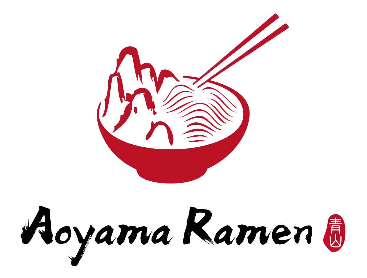 Logo for Aoyama Ramen with a red bowl of ramen featuring chopsticks and stylized mountain and wave designs, with the name in black cursive and a red seal.