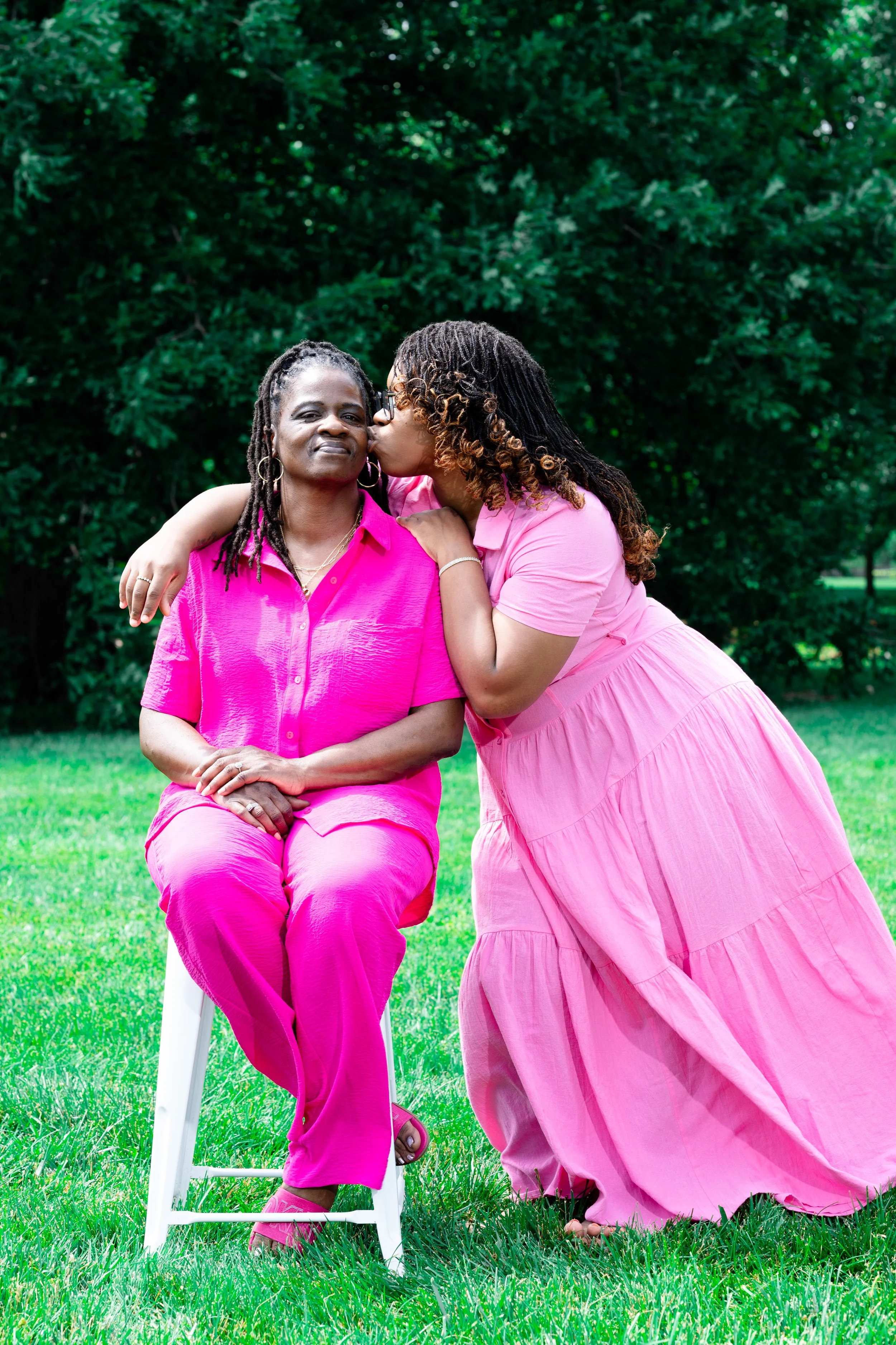 Mother's Day Pink Photoshoot Outside in a field.