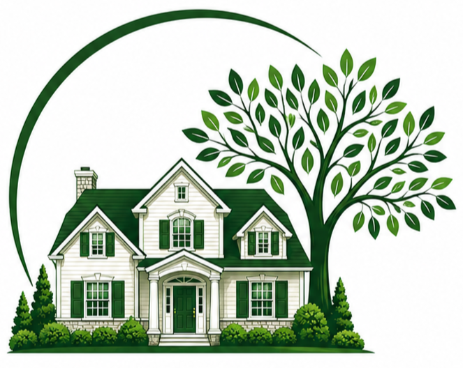 Illustration of a two-story house with green shutters, a front porch, and a large tree with green leaves beside it.