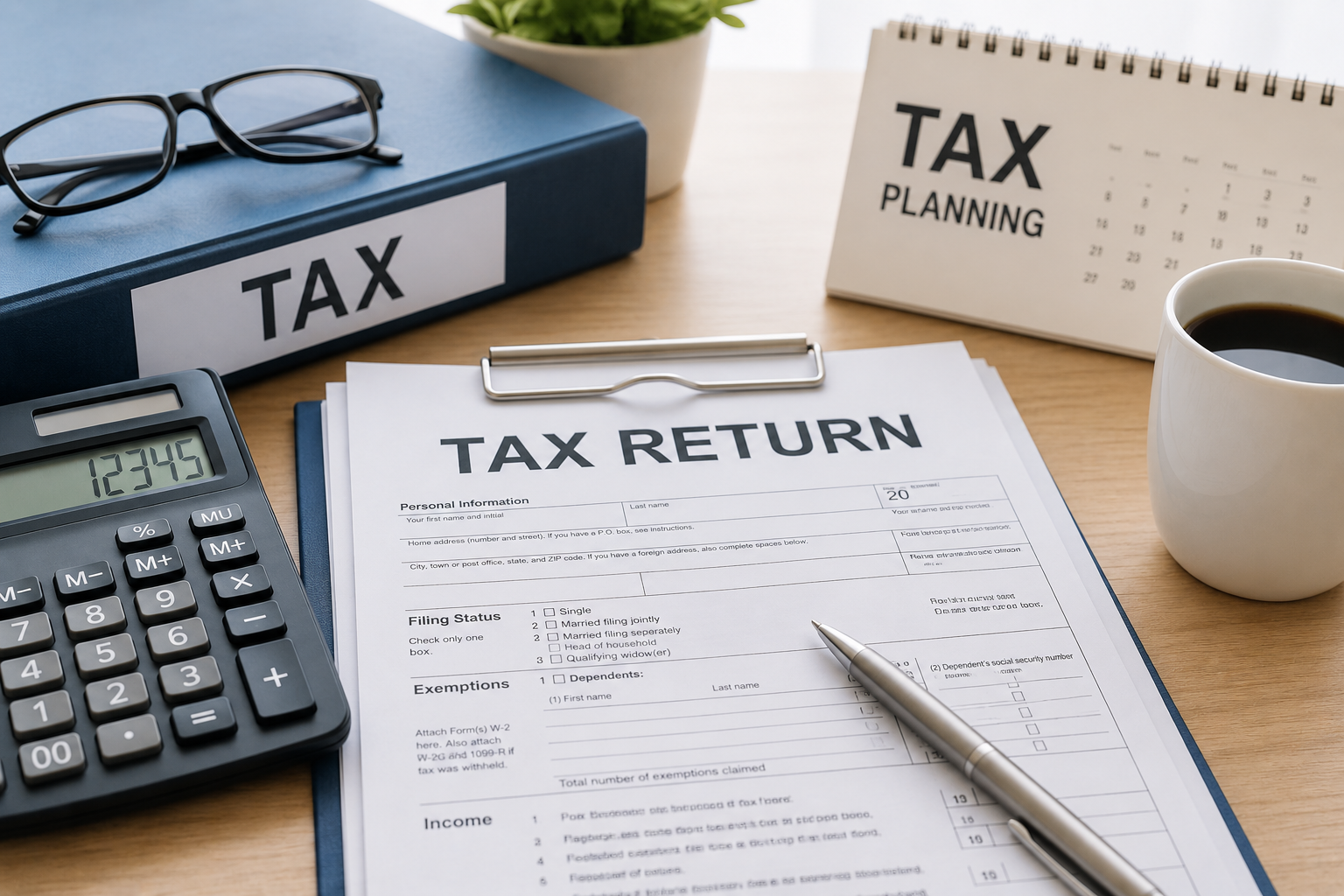 A desk with tax documents, a calculator, a pen, a coffee cup, a pair of glasses, and a blue binder labeled 'TAX'.