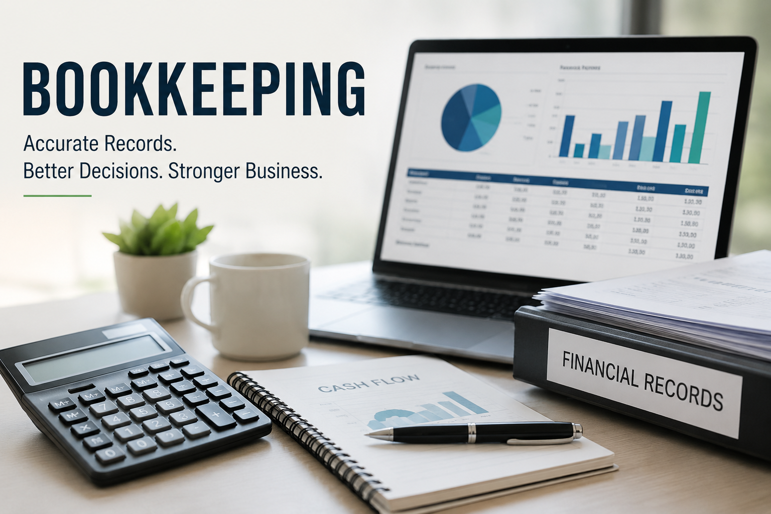 Office desk with financial documents, calculator, notebook, pen, plant, coffee mug, and a laptop displaying financial charts, emphasizing bookkeeping and financial record keeping.