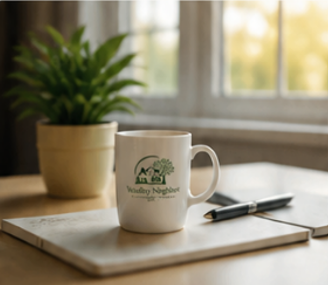 A white mug with a logo and text, placed on a closed notebook with a pen, beside a potted plant on a wooden desk in front of a window.