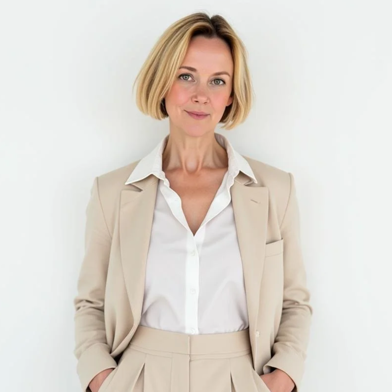 A woman with short blonde hair wearing a beige blazer and matching pants, and a white button-up shirt, standing against a plain white background.