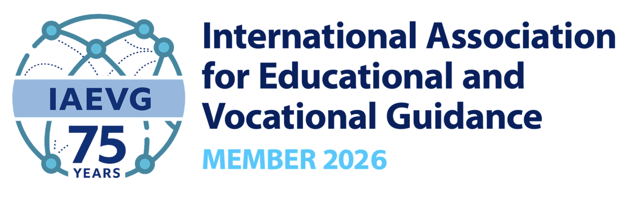 Logo der Internationalen Vereinigung für Bildungs- und Berufsberatung (IAEVG) mit Globus und Netzwerk, Text Member 2026