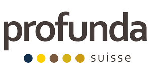 Das Logo von Profunda Swisse mit schwarzem Text und bunten Punkten.