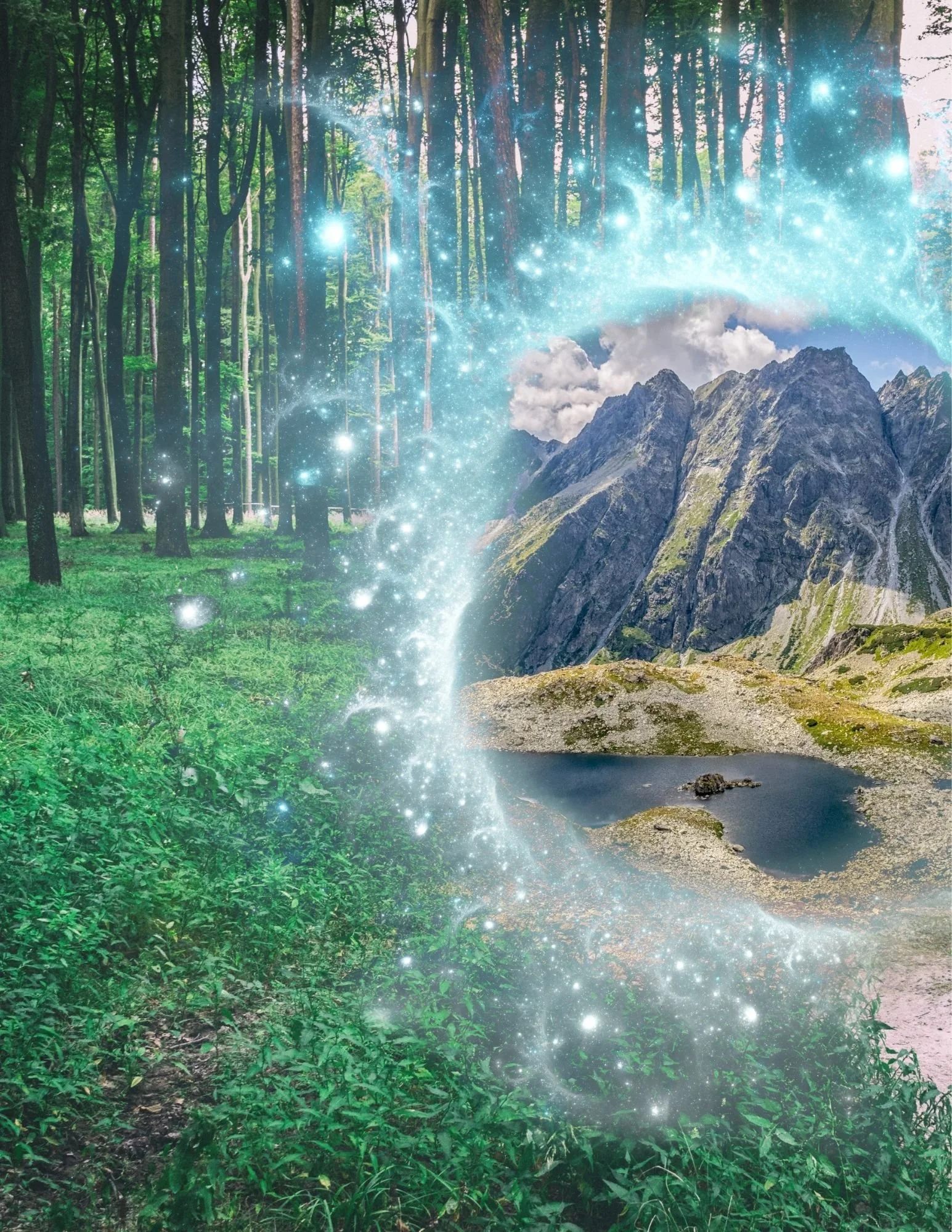 A forest scene with green trees, a mountain range, and a body of water in the foreground. There are sparkling lights and effects overlaid on the image, creating a magical or mystical appearance.