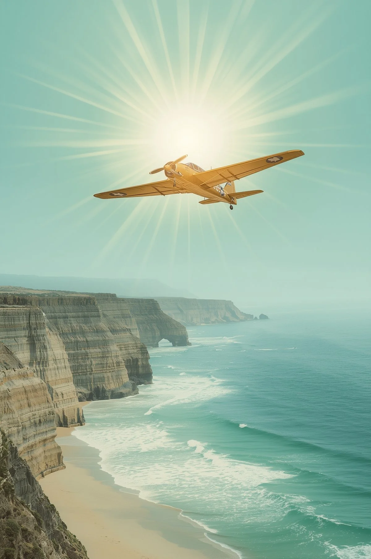 A golden airplane flying over the ocean near cliffs with sunlight shining behind it.