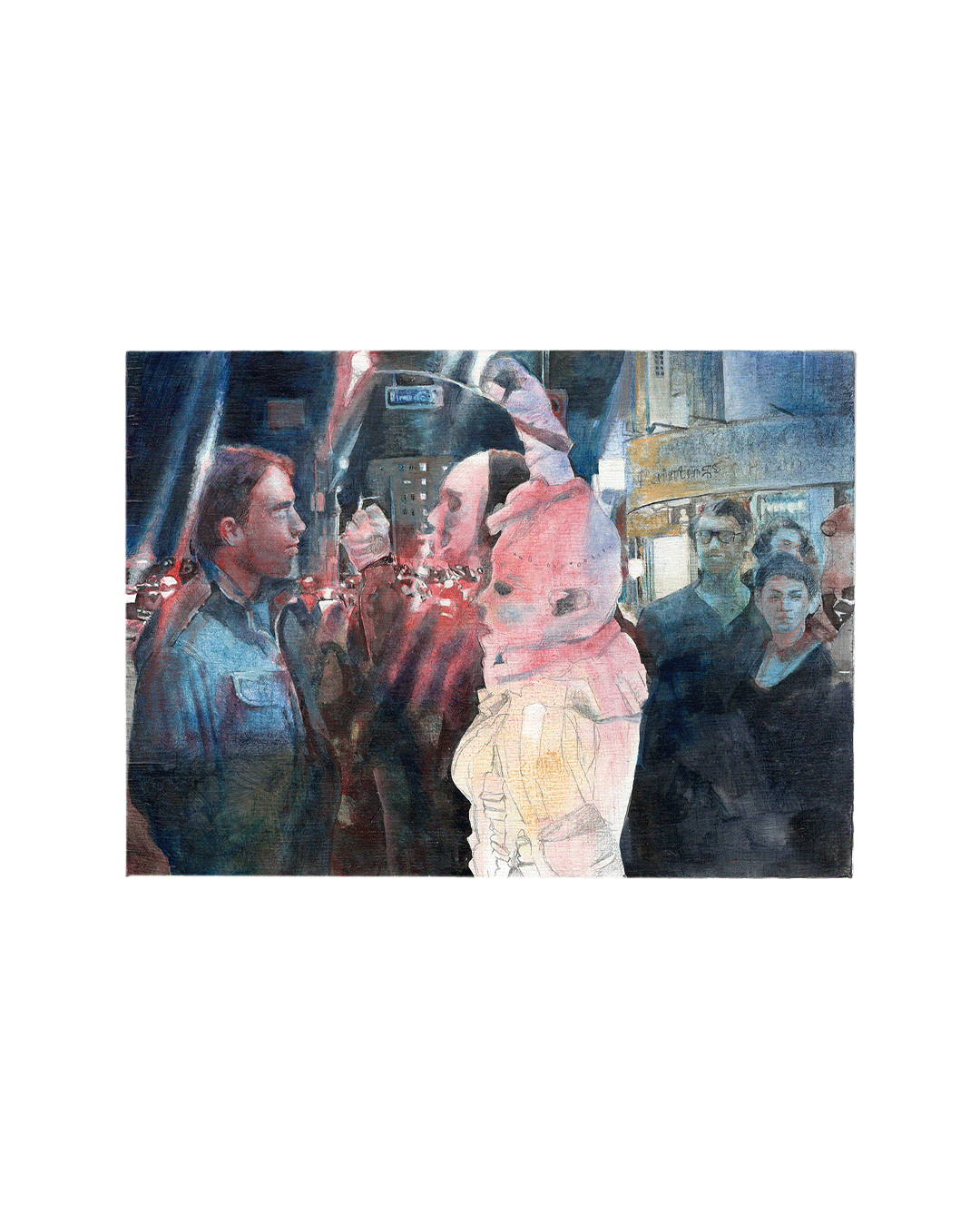 She-clowns run amok | 
 2020  | 
oil, ink and pencil on wood panel | 
5x7 inches | 
600USD