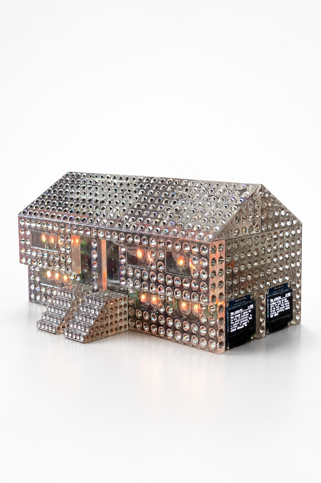 Bling Bisected Split-Level | 2026 | 
6 1/2 × 11 × 8 inches | 
UV Resin, acrylic glaze, metal-backed glass crystals, microcontroller, LEDs, OLED screens with digital text, rotary encoder, lever nuts, wiring, E6000, DC power supply | 2000USD