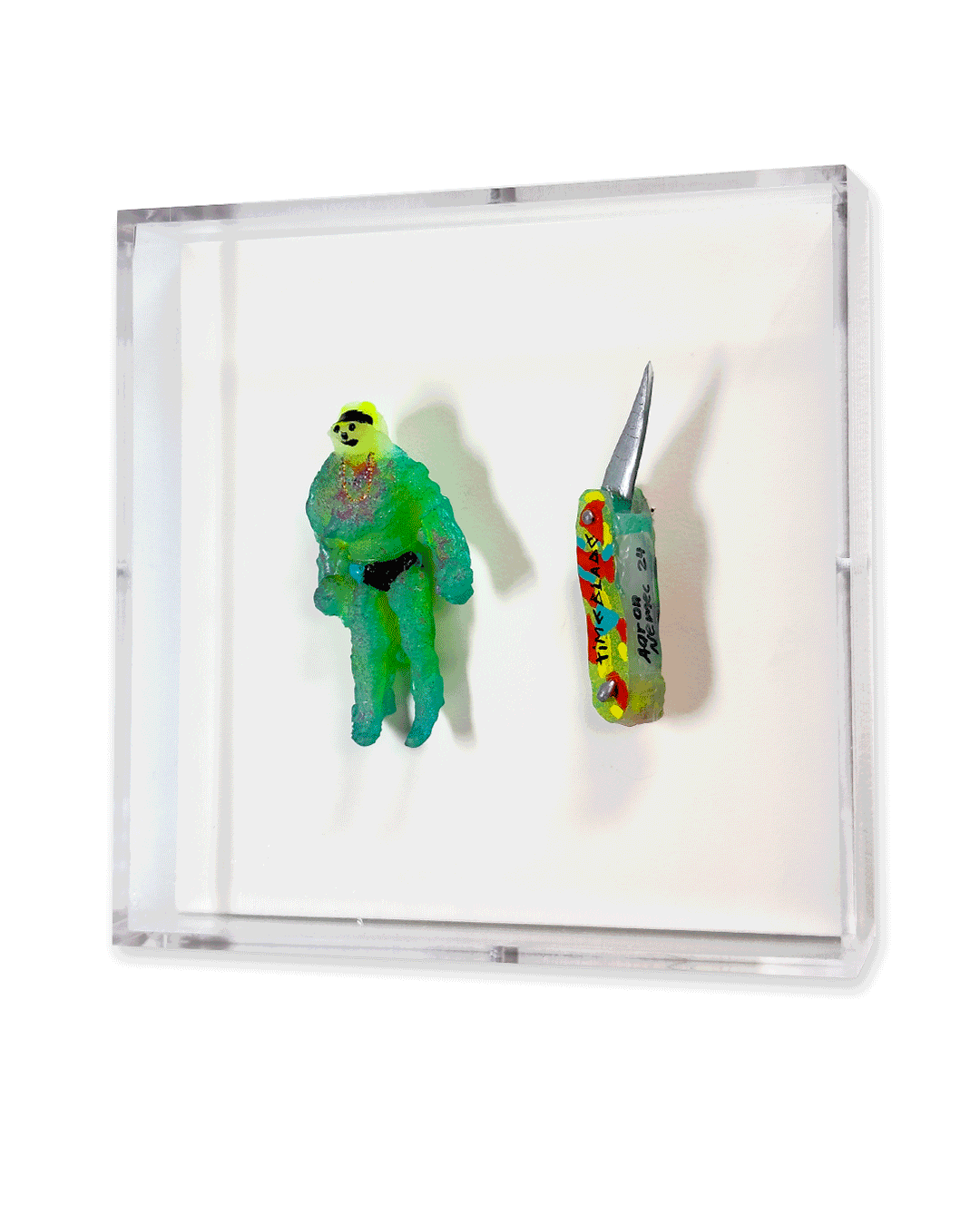 Gravel Man Camouflage (edition of 4) | 
2025 | 
 hot glue, enamel | 
3.5x2x1 inches, signed  
(gallery collection) 
 AND  
Time Blade (edition of 3) | 
hot glue, enamel | 
4x1x1 inches | 
(Collection of the Gallery, Available for Sale) all together w