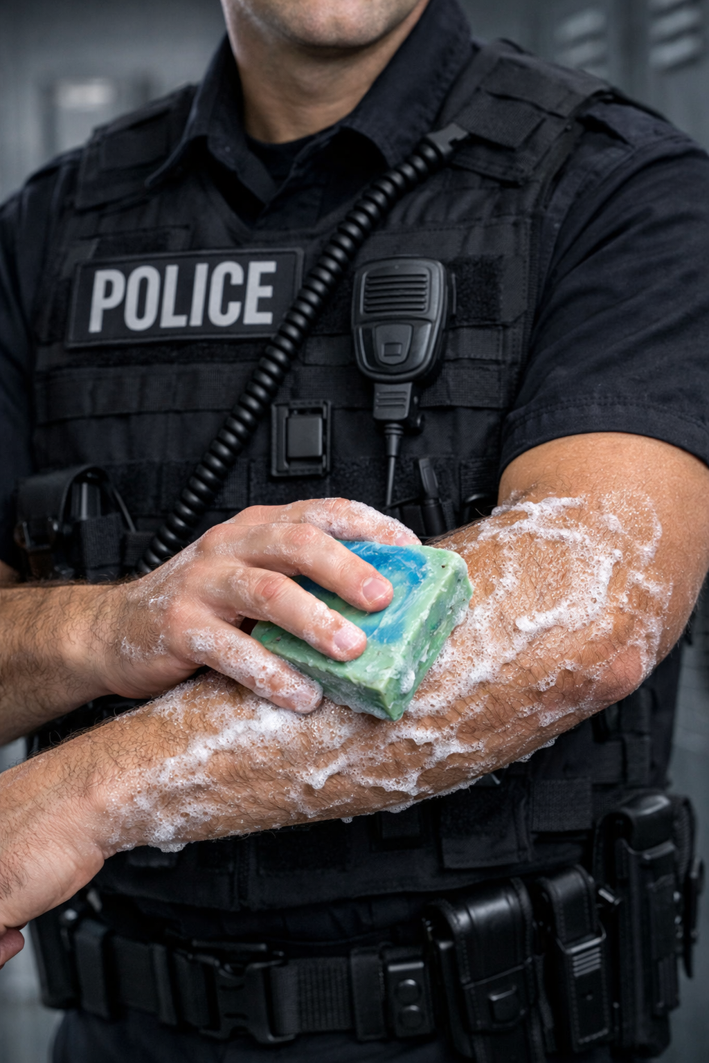 A police officer in uniform washing his arm with soap and water.