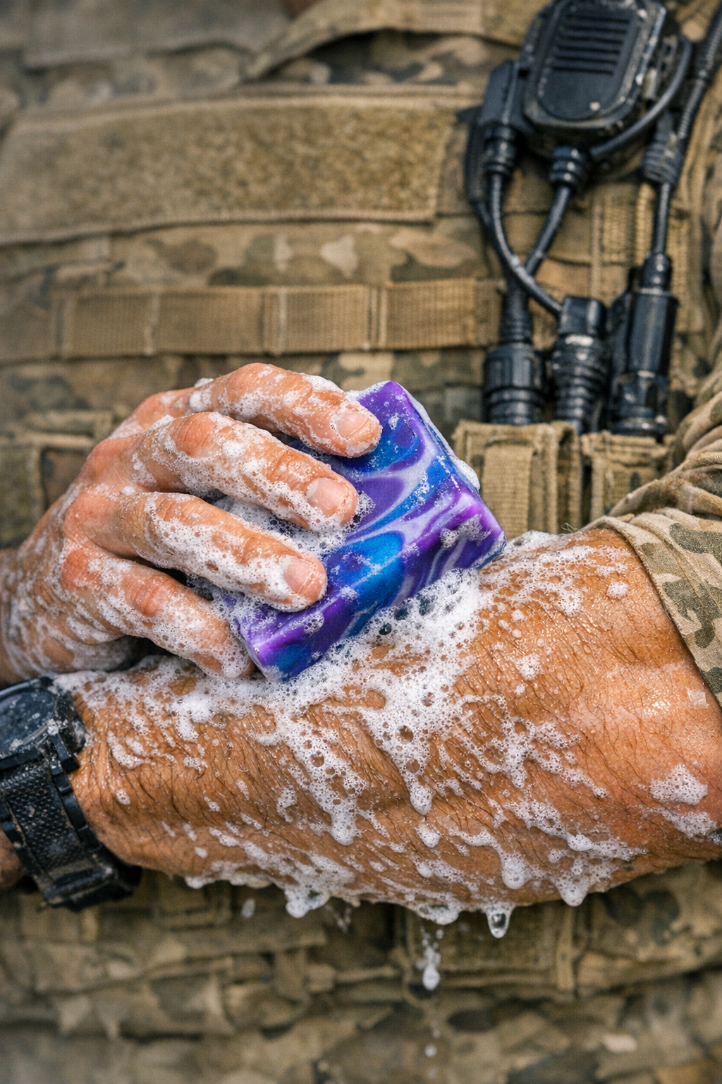 A soldier wearing a camouflage uniform and a black wristwatch is washing their hands with soap and water, with a purple soap bar in hand. The soldier has tactical gear and communication devices attached to their uniform, with a camouflage backpack visible in the background.