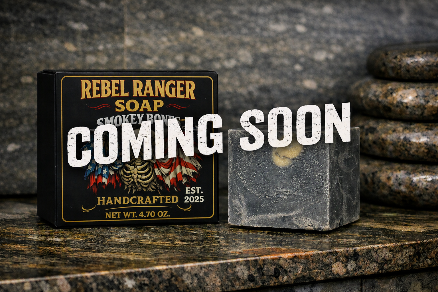 Black box of Rebel Ranger Soap with patriotic eagle design, beside a block of ice with lemon slices, on a granite surface, with a stack of rocks in the background, and a "Coming Soon" overlay.