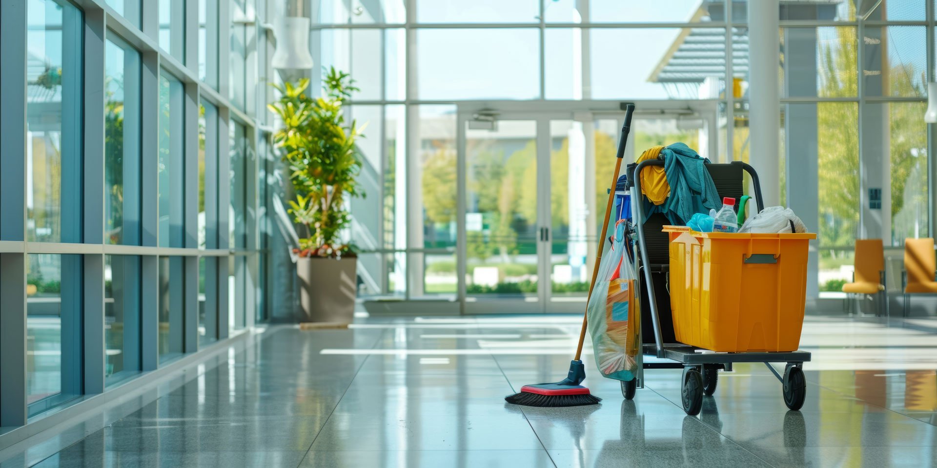 Cleaning cart with cleaning supplies, vacuum, mop, and trash bin inside a bright airport terminal.