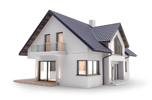 A modern two-story house with white exterior walls, large windows, a balcony, and a dark tiled gabled roof, depicted against a black background.