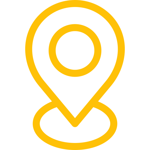 Icon of a location pin or map marker in yellow outline on a transparent background.