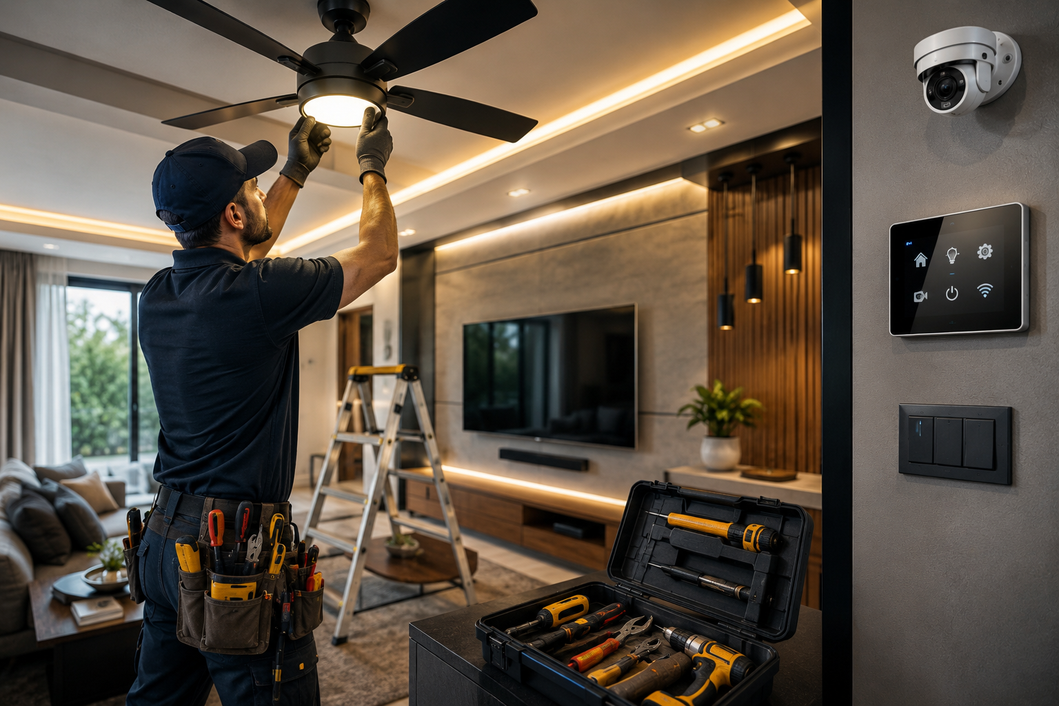 A technician installing a ceiling fan in a modern living room. The room has a large flat-screen TV, a ladder, and a toolbox with various tools. There's a digital control panel, a security camera, and warm lighting.