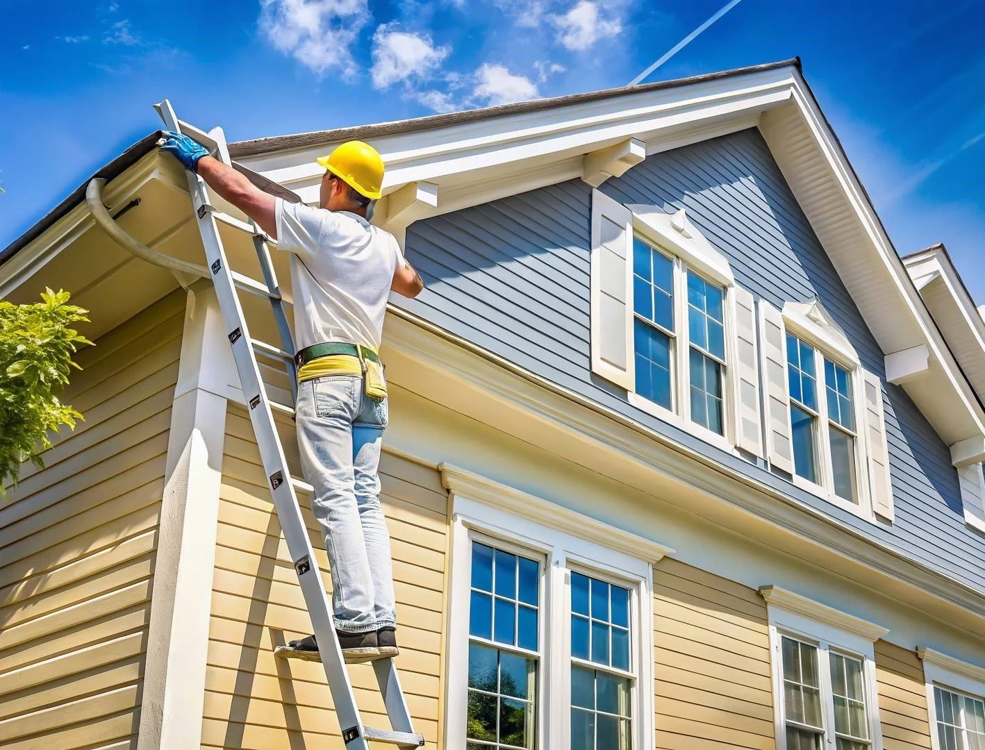 A man wearing a yellow safety helmet and gloves standing on a ladder, working on the roof of a two-story house with beige and blue exterior siding, under a clear blue sky.