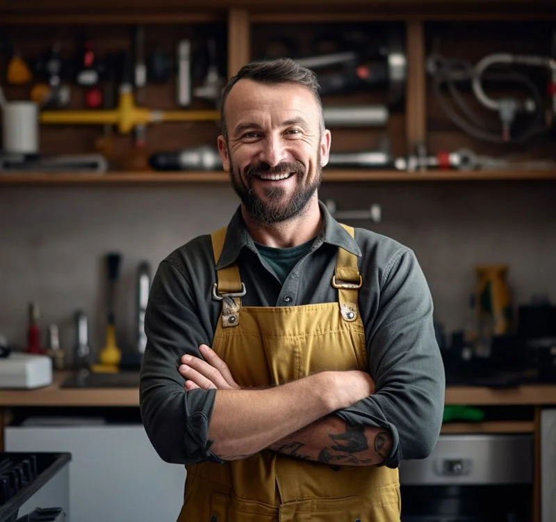 A smiling man with a beard and tattoos, dressed in a gray shirt and yellow apron, standing with crossed arms in a workshop or garage setting with tools and equipment in the background.