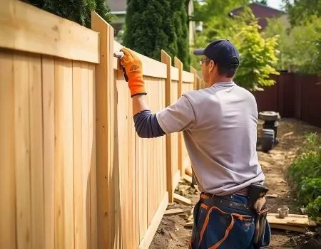 Man building a wooden fence in a backyard.