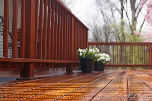 Close-up of a wooden deck with potted white flowers and a red wooden railing in the background.