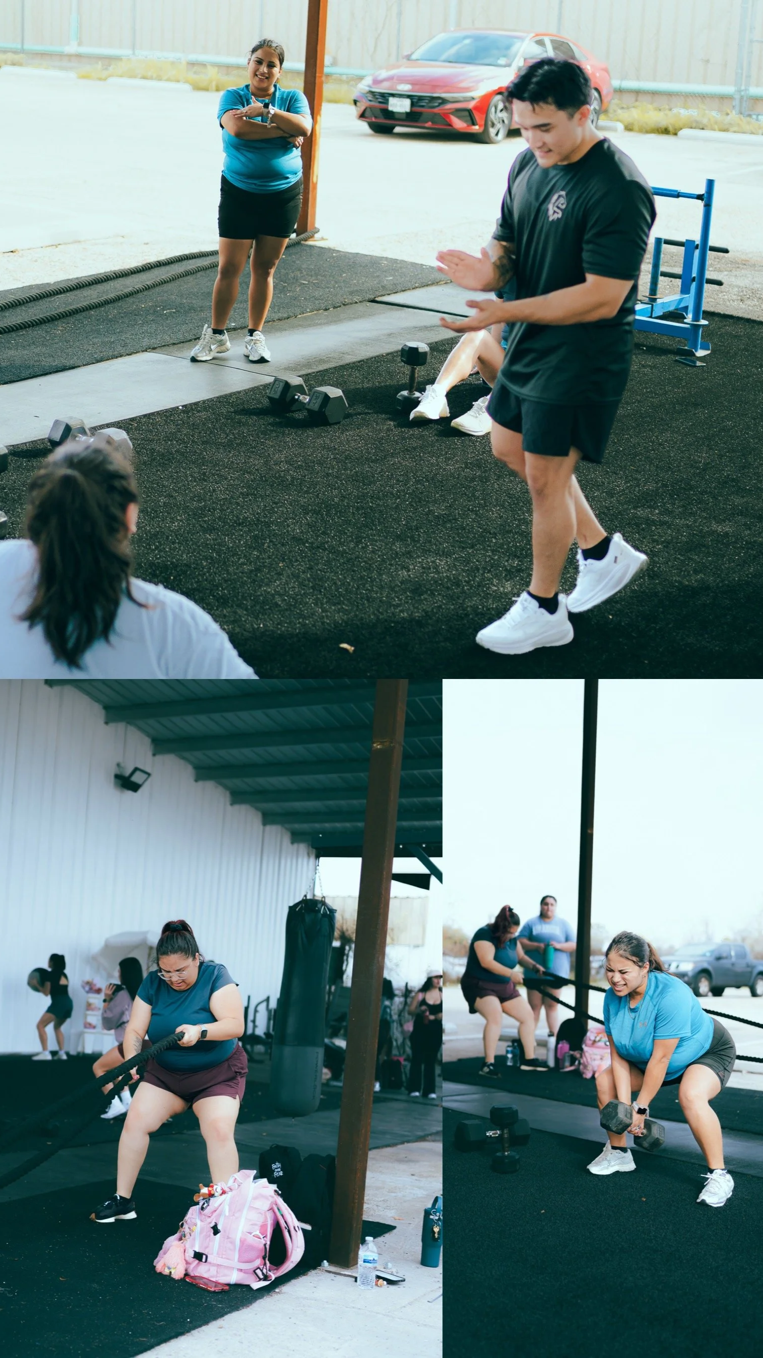 Women participating in an outdoor fitness class doing battle ropes, with a trainer demonstrating and onlookers in the background.