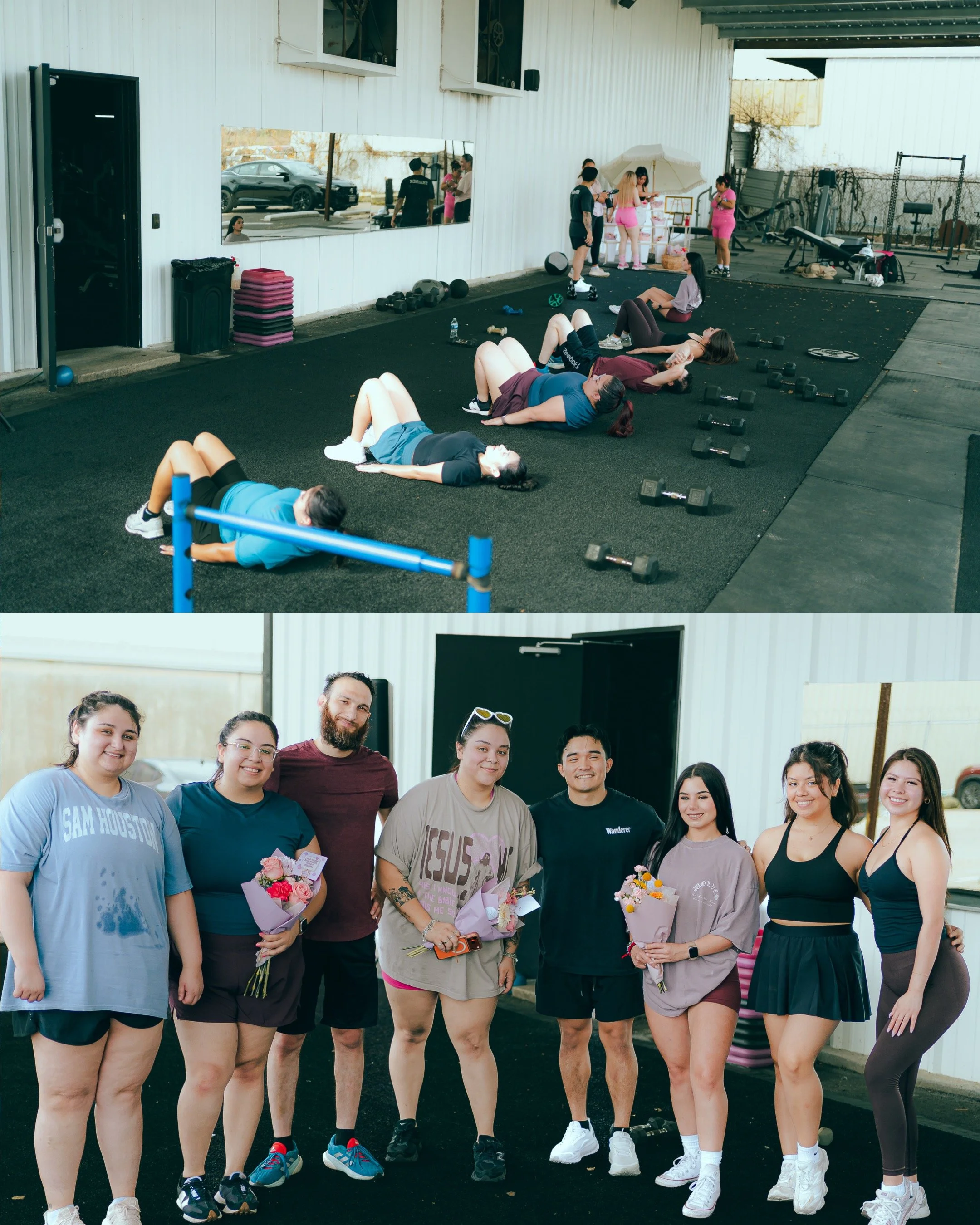 Group of women and men posing for photo outside a gym, some holding flowers, dressed in workout clothes, with fitness equipment in the background.