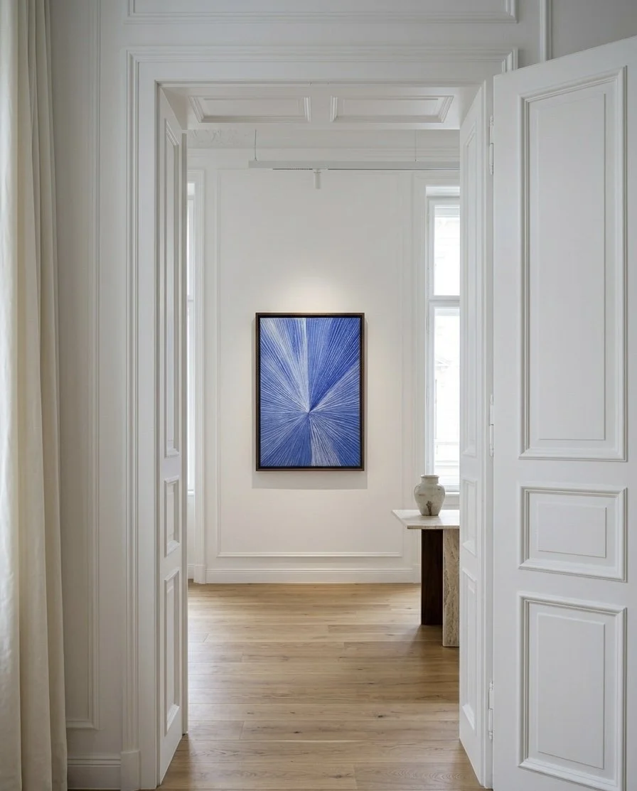 Ein Flur mit weißen Wänden und Dielenboden, an der Wand hängt ein modernes blaues, modernes abstraktes Kunstwerk, daneben steht eine weiße Vase auf einem Tisch.
