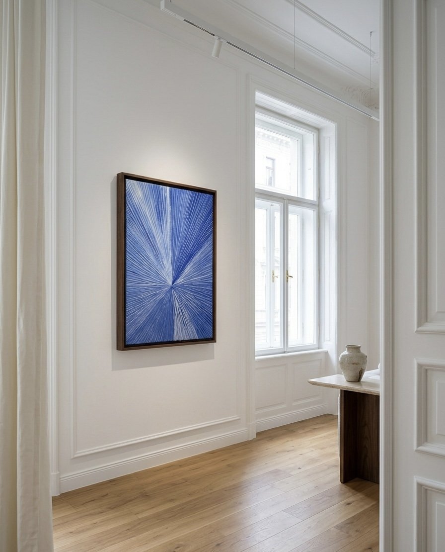 Ein hell erleuchteter Raum mit weißen Wänden, einem Fenster mit weißen Rahmen, einem Wandbild mit blauer abstrakter Kunst und einem kleinen Tisch mit einer Vase darauf.
