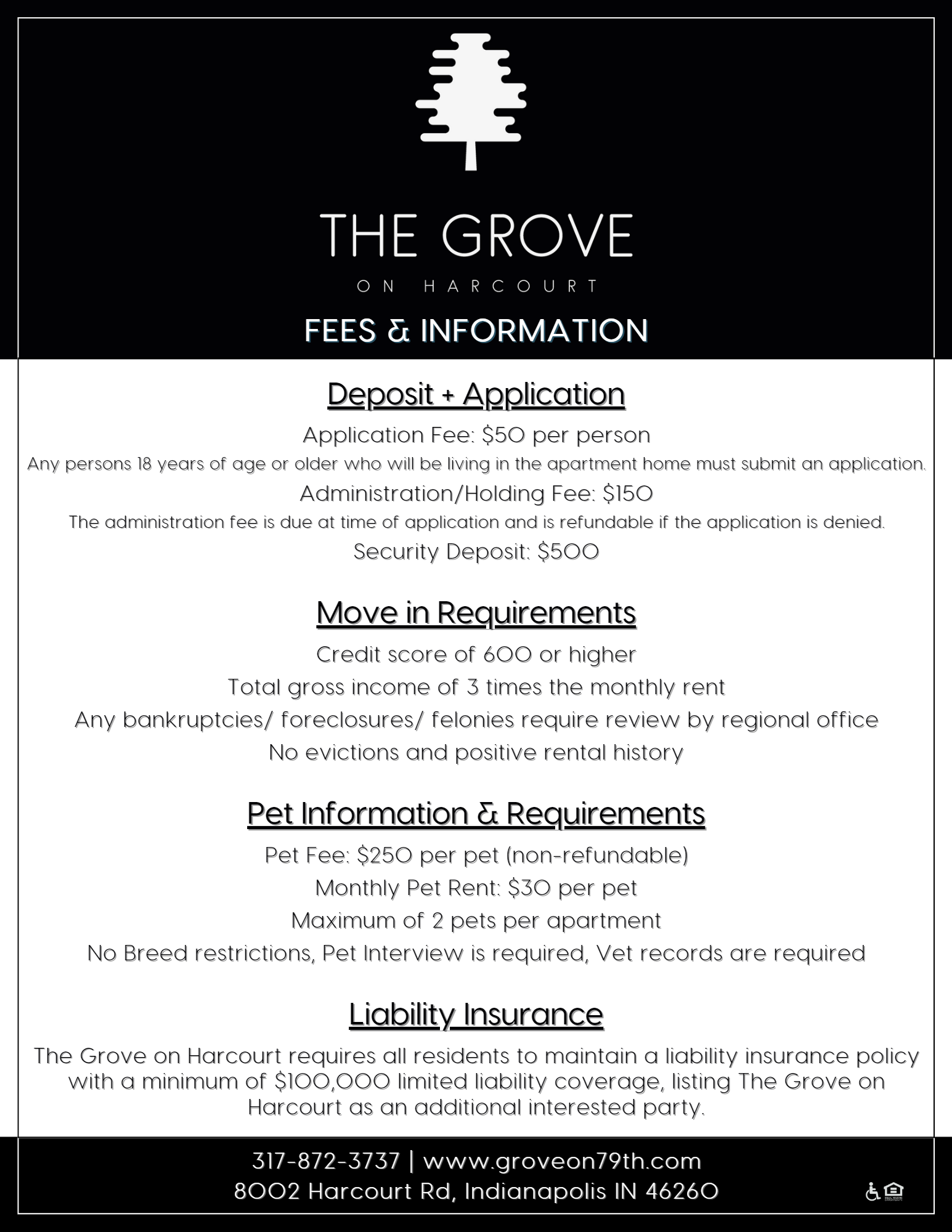 A rental fee and application information sheet for The Grove on Harcourt, showing fees, move-in requirements, pet policy, liability insurance, and contact details.