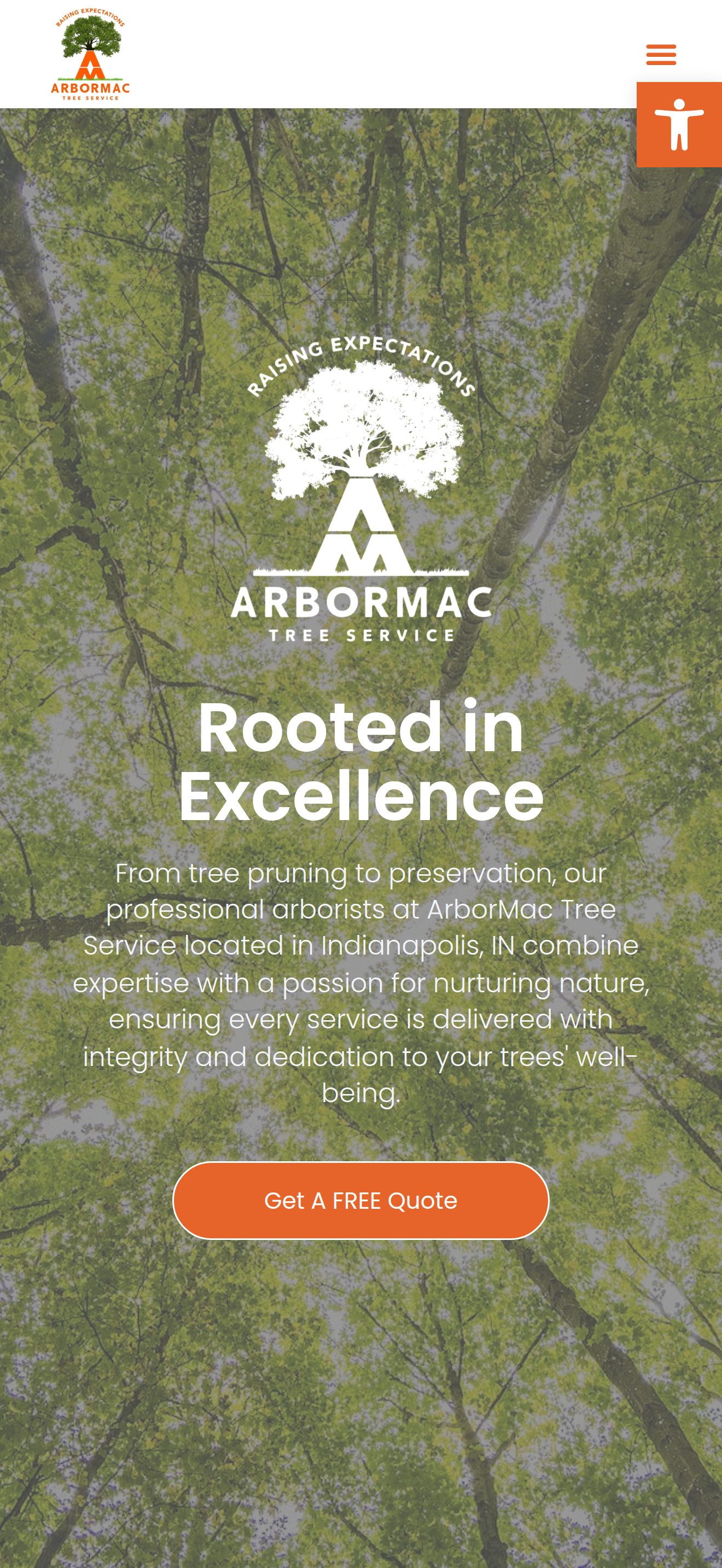 Mobile screenshot of ArborMac Tree Service website homepage with a background image of green tree canopies and a white logo of a tree with a letter 'A'. The text 'Rooted in Excellence' and a description of tree pruning and preservation services in In