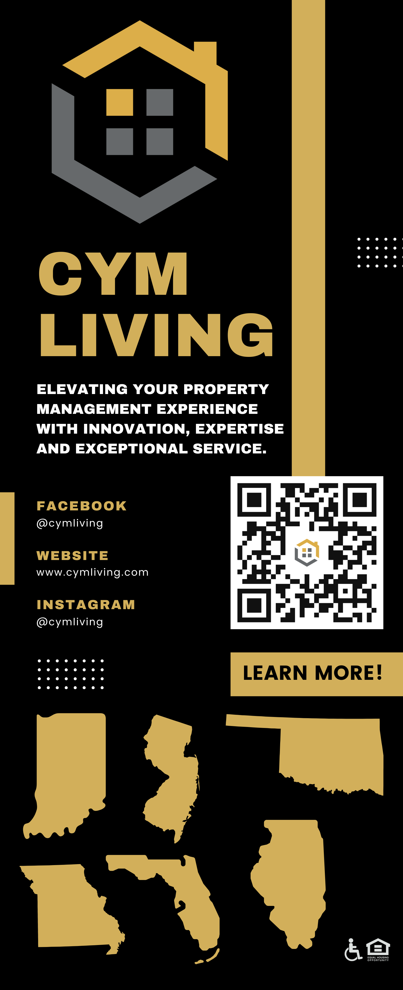 Black and gold promotional flyer for Cym Living, a property management company, featuring logo, contact information, QR code, map outlines, and accessibility icons.