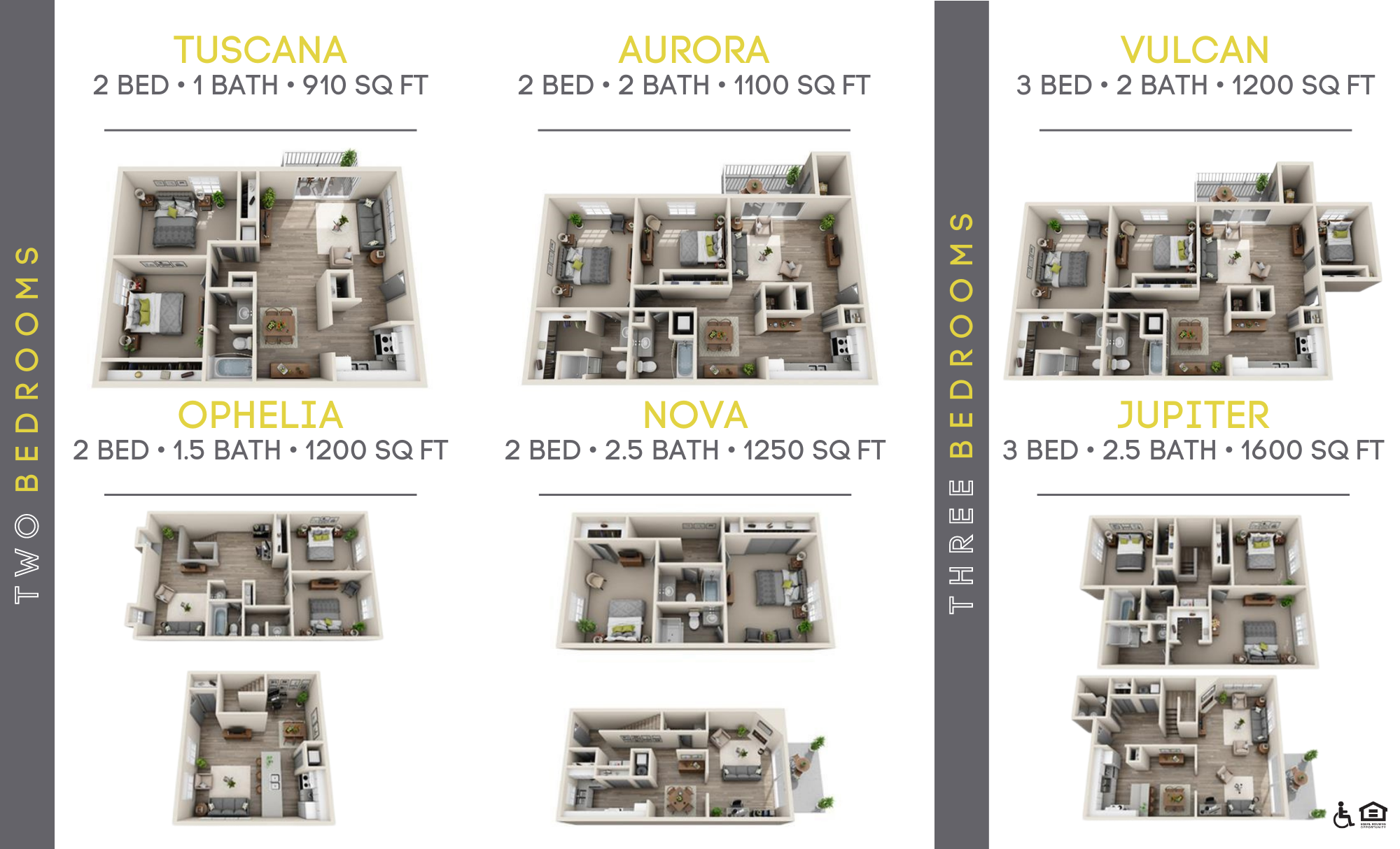 Floor plan comparison for apartment models Tuscan, Aurora, Vulcan, Ophelia, Nova, and Jupiter, showing layout and size specifications.