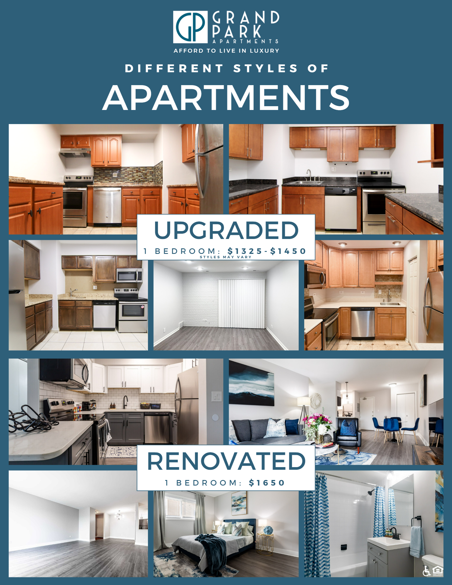 A promotional flyer for Grand Park Apartments showcasing upgraded one-bedroom apartments priced between $1325 and $1450, featuring images of modern kitchens with wooden cabinets, granite countertops, and stainless steel appliances, a living room with