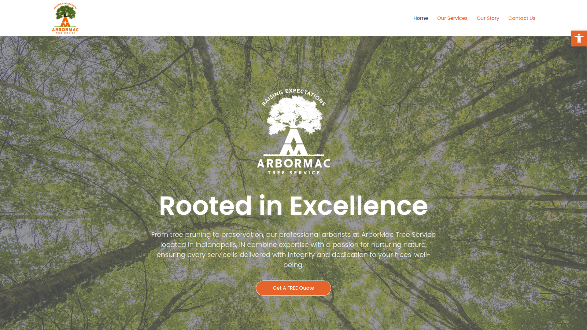 Screenshot of ArborMac Tree Service website homepage with a forest canopy background, company logo featuring a tree and the text 'Raising Expectations,' main slogan 'Rooted in Excellence,' and a 'Get a Free Quote' button.
