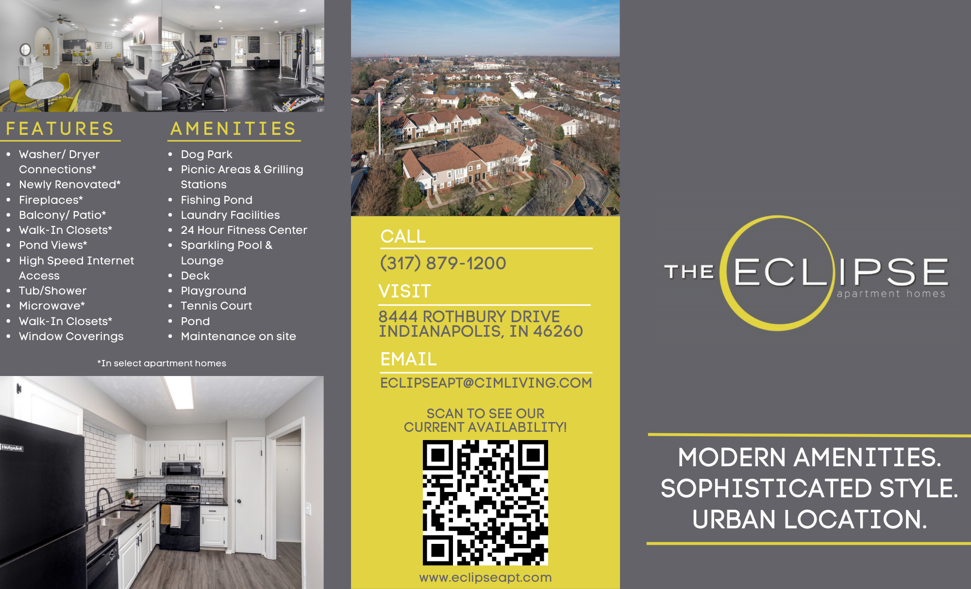 Interior and exterior views of an apartment complex called The Eclipse. The interior includes a modern kitchen with white cabinets, black appliances, and a subway tile backsplash. The exterior shows a residential community with townhouses, green lawn
