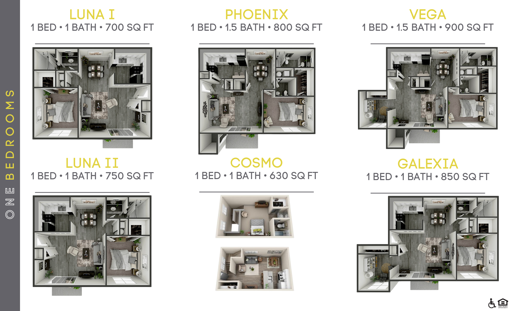 Floor plans of various apartment layouts labeled Luna I, Luna II, Phoenix, Cosmo, Vega, and Galexia with details on bedrooms, bathrooms, and square footage.