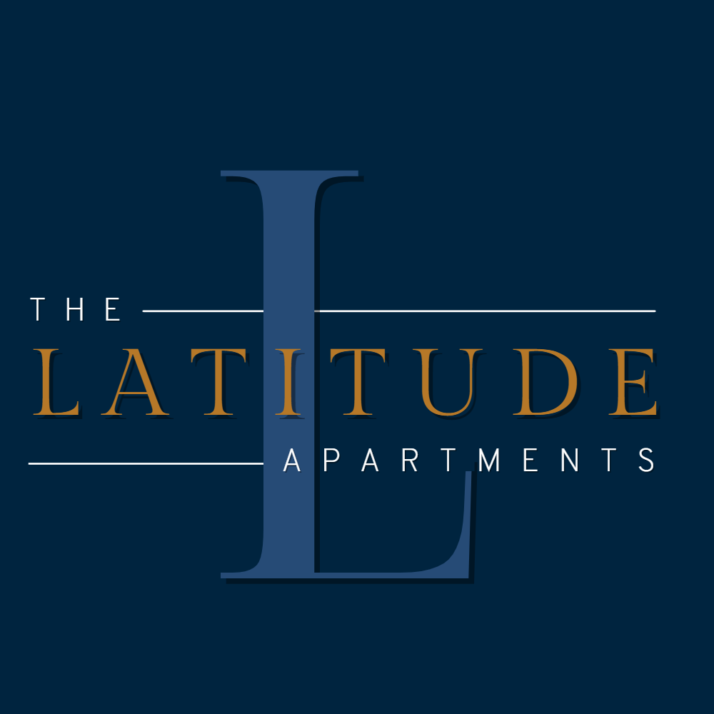 Logo for The Latitude Apartments featuring a large stylized letter L on a dark blue background with the text 'THE LATITUDE APARTMENTS'.