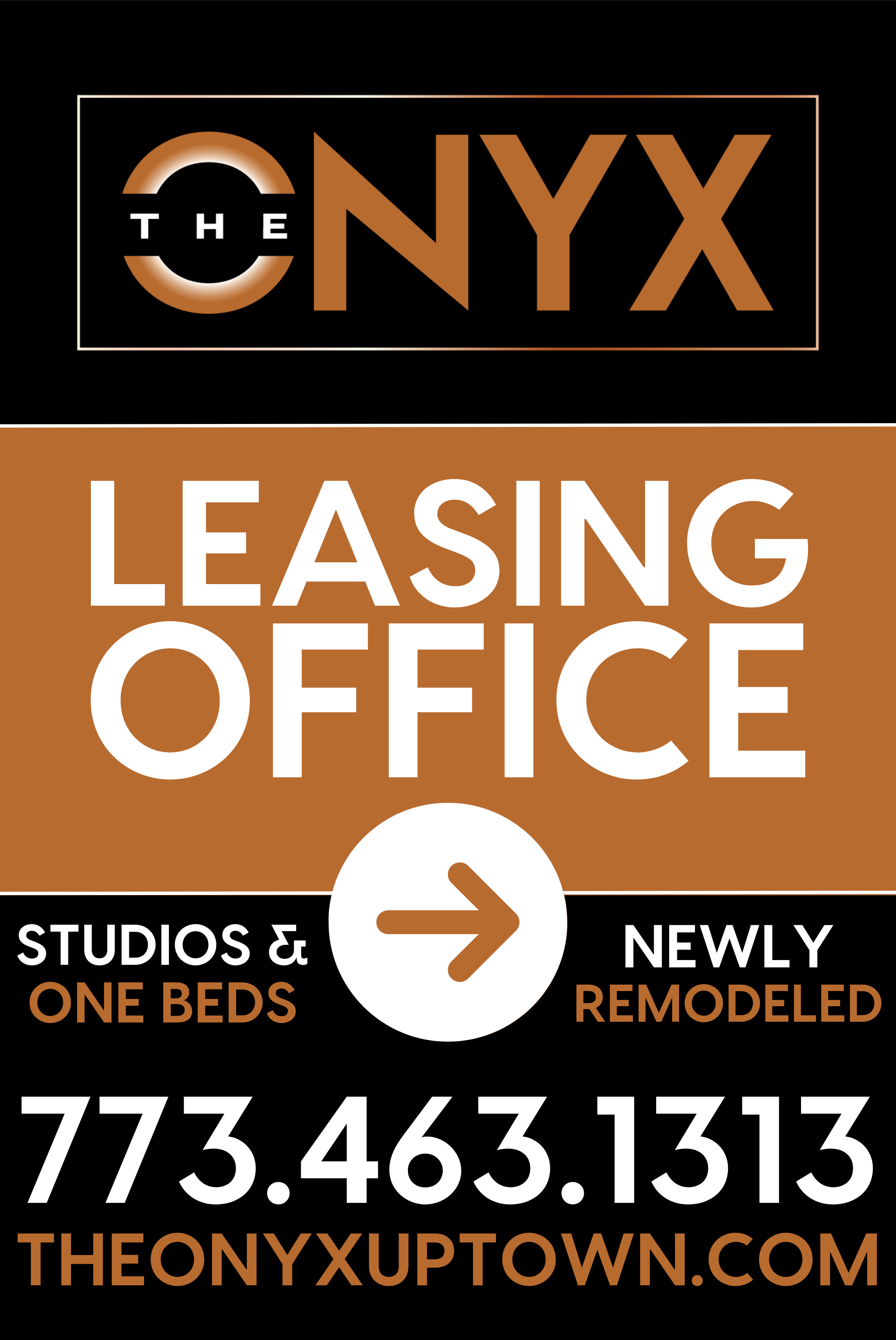 Sign advertising leasing office and apartments in The Bronx, New York City. Text includes phone number, website, and apartment details.